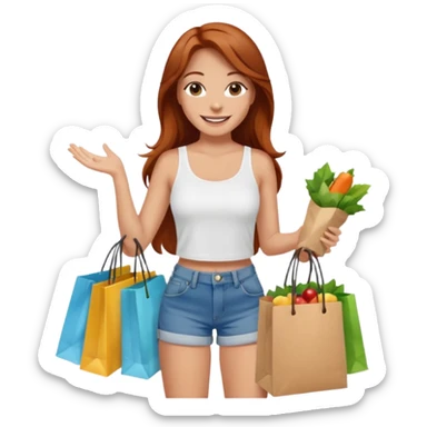 Mujer joven blanca de contextura media sonriendo con cabello largo cobrizo vestida con top blanco y short de jean con bolsas de compras sticker