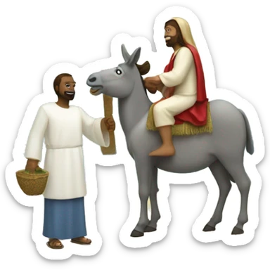 People greeting Jesus on a donkey with palm trees sticker