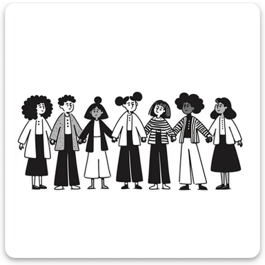 Hand-drawn illustration of people of different skin colors and ethnicities holding hands in a line, symbolizing integration and unity sticker