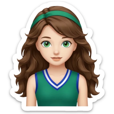 A pretty girl has blue eyes, her hair is brown long wavy hair, and wear green Hawkins cheerleader uniform sticker