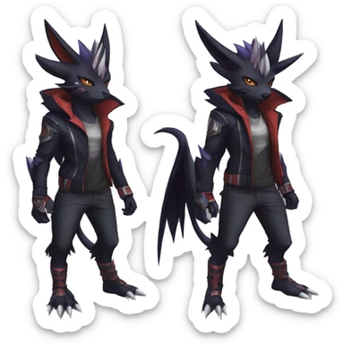 Cool Anthro Black Noivern-Absol-Litten-Pokémon with edgy stripes hoodie spiked collar punk Full Body sticker