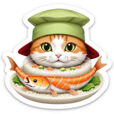 cat wearing a sushi hat with rice base, multiple fish pieces on top, wasabi accent, and soy sauce dripping, sushi hat with sauce sticker
