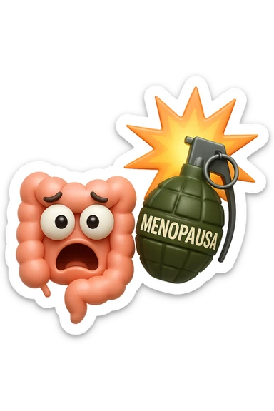 EMOJI STILE IPHONE 3D DI INTESTINO 3D CON ESPRESSIONE SPAVENTATA IN VOLTO MENTRE ACCANTO A LUI SCOPPIA UNA GRANATA 3D CON LA SCRITTA "MENOPAUSA" SOPRA, FAGLI ANCHE LA PARTE BIANCA DEGLI OCCHI, NON SOLO LA PUPILLA sticker