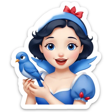 Cinematic Adorable Snow White Portrait Emoji, Giggling as a bluebird perches on her finger, cheeks rosy with joy, bright expressive eyes full of wonder, her innocence and beauty blending into a heartwarming moment! sticker