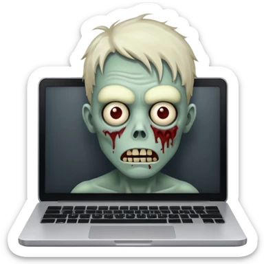 A tired zombie behind a laptop sticker