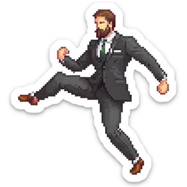 bearded man in a black suit, side kick pose sticker