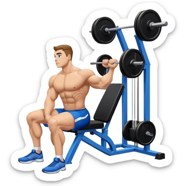 side-view bodybuilder in blue shorts seated weighted calf-raise machine on his tip toes sticker