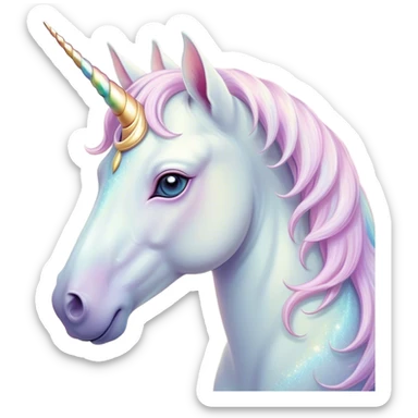 Beautiful and Majestic Unicorn Pony Portrait Emoji, Head and body radiating gentle magic with a soft pastel color, a delicately sparkling horn and eyes gently closed in peaceful wonder, Simplified yet exquisitely endearing features, highly detailed, glowing with a soft, ethereal light, high shine, serene and utterly majestic, stylized with an air of fairy-tale regality, soft glowing outline, capturing the essence of a beautiful and majestic unicorn pony that embodies the enchanting spirit of a dream! sticker