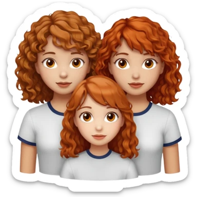 three girls together, left girl light skin curly brown hair brown eyes, center girl light skin wavy orange hair light brown eyes, right girl light skin light brown hair with bangs brown eyes sticker