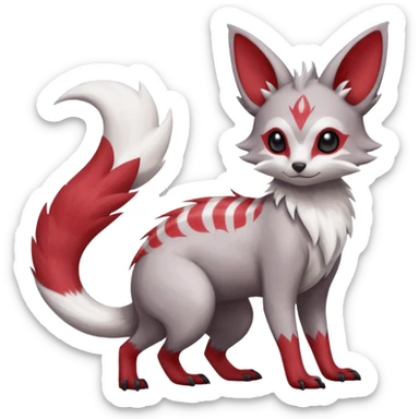 Minccino-Lykoi-Emolga-Pachirisu-Zangoose-fusion-hybrid-animal-Fakémon-creature, full body, thin long sleek scaly tail, intricate markings sticker