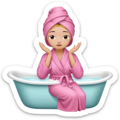 A woman sitting on the edge of a bathtub, wearing a pink bathrobe and towel on her head, one hand on her shoulders and eyes closed  sticker