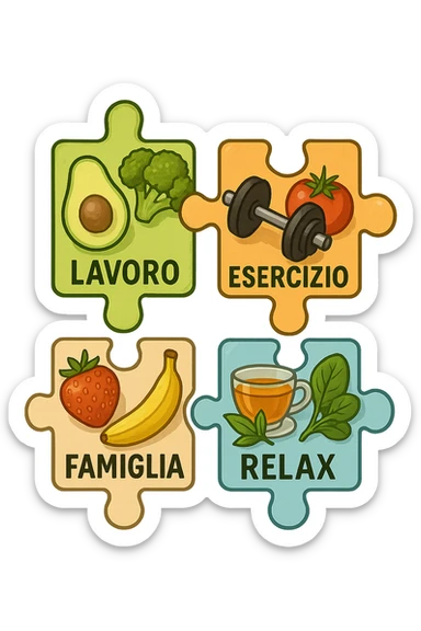 Puzzle (Lavoro, Esercizio, Famiglia, Relax), and healthy foods are integrated into each piece. in italiano sticker