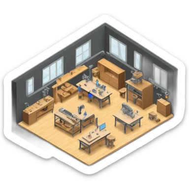 isometric square solid outline border containing indoor creative workshop factory woodworking metalworking people actively working cnc machine tools simple clean industrial brutalist sticker
