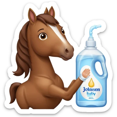 A cartoon horse holding johnson baby oil soltion  sticker