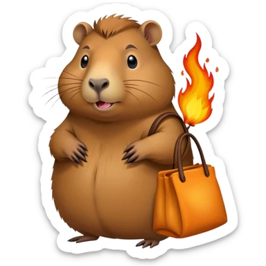 Iconic capybara with burning bag, and a sassy but caring attitude. sticker