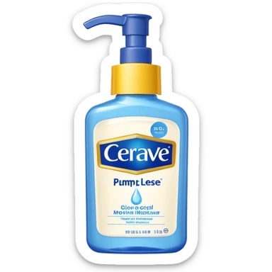White CeraVe pump bottle with blue label and bright yellow  glow badge. Floating in golden morning light, encircled by radiant sunbeams and shimmering protective particles. A shield of light surrounds it like a solar barrier. Glossy, potion-like, symbolizing daily moisture and powerful sun defense. sticker