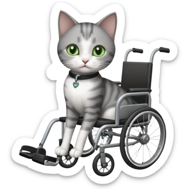 full body small short hair dark grey and white cat with green eyes walking in a wheelchair for cats sticker