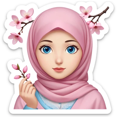 Turkish beautiful finish Konya girl blue eyes with light pink hijab islamic dress and had on her hand cherry blossom sticker