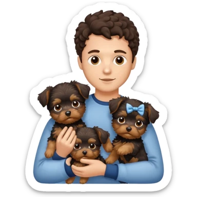 young man with dark brown curly hair, deep set eyes with two Yorkie puppies sticker