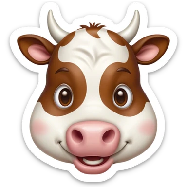 Cinematic Comical Brown and White Cow Portrait Emoji, Head tilted dramatically with an exaggeratedly amused expression, featuring a striking, glossy hide with a dynamic mix of brown and white, wide, expressive brown eyes filled with playful disbelief, Simplified yet hilariously expressive features, highly detailed, glowing with a slightly sassy glow, high shine, dramatic yet playful, stylized with an air of cheeky mischief, bright and endearing, soft glowing outline, capturing the essence of a spirited and over-the-top cow, so meme-worthy it feels like it could moo its way into internet fame instantly! sticker