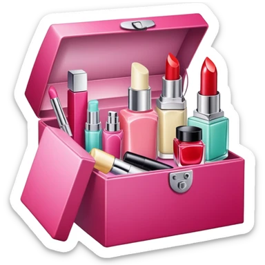 an open box overflowing with beauty products, including lipstick, face cream, and a perfume bottle sticker