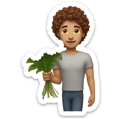 White man with brown, curly hair holding flowers in his right hand and a sign reading “Julia<3” in his left hand sticker