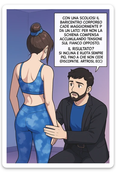 fai questa immagine in versione manga/webtoon a colori, il manga mostra la donna di spalle, mentre l'uomo le tocca la spina dorsale per spiegarle come funziona la scoliosi:
Con una scoliosi il baricentro corporeo cade maggiormente da un lato; per non cadere la schiena compensa accumulando tensione sul fianco opposto.
Il risultato? Si inclina e ruota sempre più, fino a che non cede (discopatie, artrosi, ecc) sticker