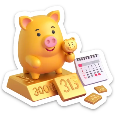 3D gold bar with a calendar and a piggy bank, representing weekly saving, Microsoft 3D emoji style sticker