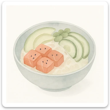salmon poke bowl, watercolor style, soft edges, vibrant colors, artistic, food illustration sticker