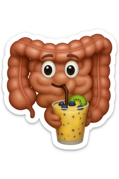 EMOJI STILE IPHONE DI un intestino umano anatomico che beve un frullato di mirtilli, ananas, kiwi, fagli anche la parte bianca degli occhi, non solo le pupille, REALISTICo 4K sticker