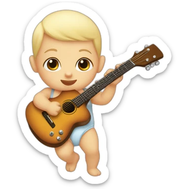 a 1-year-old baby, blond and bald, in diapers, playing a mini guitar sticker