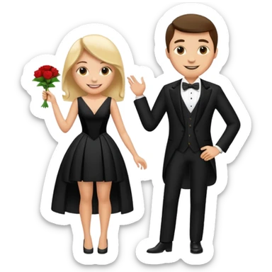 smiling couple in formal attire, remove thing on tux sticker