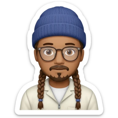 man with braids glasses beanie and goatee white clothes sticker