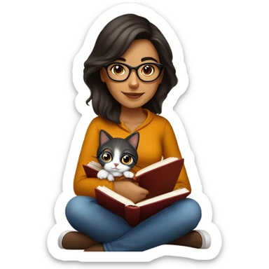 Beautiful Hispanic, wearing glasses girl sitting with a cat and book on her lap.  She’s wearing fall colors.  sticker