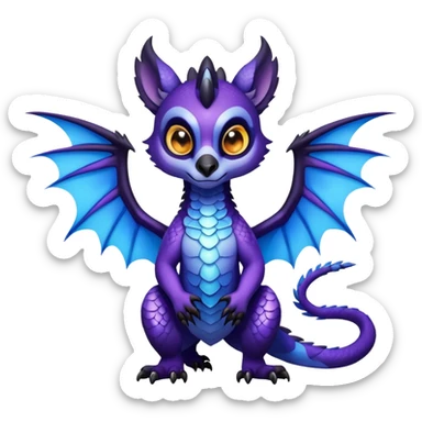 Lemur dragon hybrid face forward with wings fully body dark purple and blue sticker