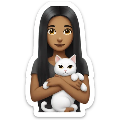 girl with very long black hair and caramel skin hugging a white cat sticker