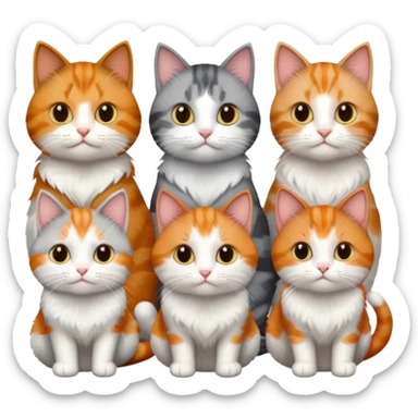 6 cats with different coloured coats, 2 are grey and white, 1 is grey with a little white, 1 calico, 1 brown tabby and white and one ginger and white sticker