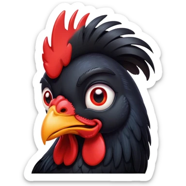 Cinematic Cute Black Rooster Portrait Emoji, Head tilted playfully and inquisitively, featuring a glossy, immaculate black plumage with a vibrant red comb, round, sparkling eyes filled with curiosity, Simplified yet irresistibly adorable features, highly detailed, glowing with a warm, friendly glow, high shine, affectionate and spirited, stylized with a touch of farmyard whimsy, bright and endearing, soft glowing outline, capturing the essence of a mischievous yet loving rooster, so playful it feels like it could strut out of the screen and into your arms! sticker
