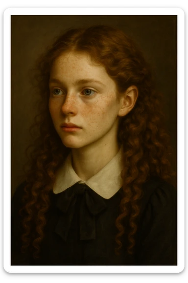 Make the girl's hair longer and curly, and put her in a school uniform. Maintain the original style and details of the image. sticker