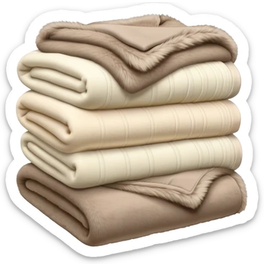 Stack of folded luxury blankets, cream-colored knit and taupe fur sticker