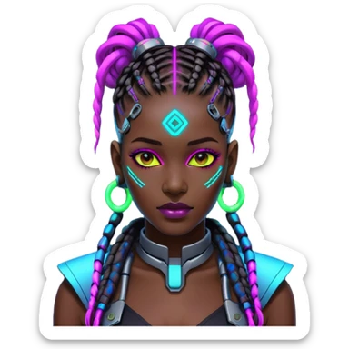 Cyberpunk African woman with futuristic braids, neon glowing accessories, tech implants, and vibrant colors sticker