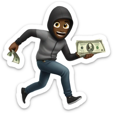 Robber holding abad of money and running sticker