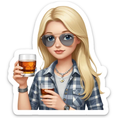 girl
blue eyes
long blond hair with daisy in it
wearing grey/white plaid shirt
wearing aviator sunglasses
wearing silver necklace around her neck
holding a glass of whiskey 
wearing rose gold apple watch  sticker