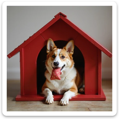 realistic red dog house with a Corgi dog inside, Corgi with a squeaky toy, photorealistic style sticker