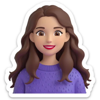 white woman with long brown hair and brown eyes, wearing a sweater, smiling in the rain, with long eyelashes and red lips, 3D emoji style sticker
