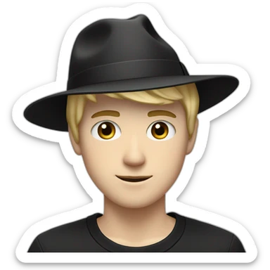 One side smirking white male teenager, with short blond hair wearing a small black fedora hat, and a black adidas long sleeve sweater sticker