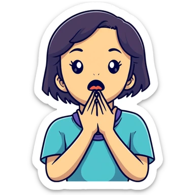 cartoon style girl showing emotional distress, hands at her throat, exaggerated facial features sticker