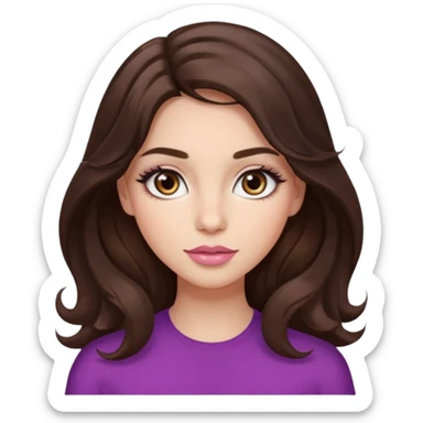 girl with wavy long dark brown hair, brown eyes, light to medium complexion, long lashes, almond shaped eyes, light pink lipstick sticker