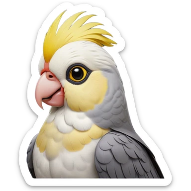 Cinematic Noble Cockatiel Portrait Emoji, Poised and regal, with a slender, delicate build and a beautifully groomed grey fur accented by vibrant yellow cheek patches and a graceful crest, deep-set soulful dark eyes, Simplified yet sharp and sophisticated features, highly detailed, glowing with a soft, dignified glow, high shine, intelligent and charming, stylized with an air of elegance, focused and attentive, soft glowing outline, capturing the essence of a watchful and confident avian companion, so majestic it feels as though it could flutter out of the screen with effortless authority! sticker