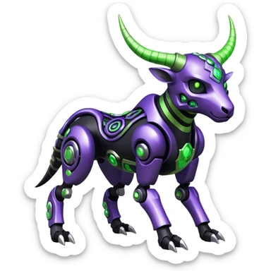 Futuristic mechanical cyborg horned modern badass cool shiny metallic alloy black-obsidian purple neon-green white lime animal hybrid Fakemon full body with intricate patterns sticker